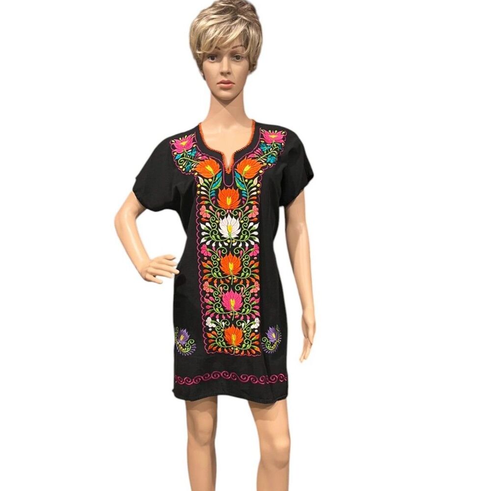 Authentic Traditional Mexican Dress Tunic Cinco de Mayo Black Multicolor M